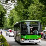 Zielony autobus linii 666 jedzie w kierunku Karwii i Jastrzębiej Góry. Na poboczu spacerują ludzie, ciesząc się letnim dniem.