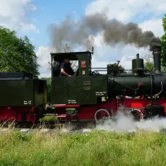 Parowóz z Maltanki w ruchu, z napisem "Maltanka cennik" na wagonie. Dym i para unoszą się w powietrze.