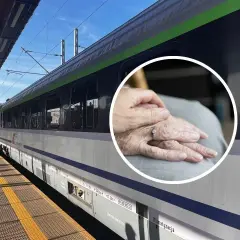 PKP zniżki dla niepełnosprawnych stopień umiarkowany. Dłonie starszej osoby na tle pociągu PKP.