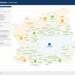 Mapa stref biletowych w Krakowie i okolicach. Strefa I to Kraków, strefa II to aglomeracja, a strefa III to dalsze miejscowości, np. Brzeźnica. kmkrakow.pl