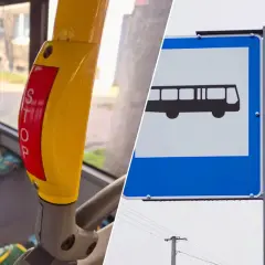 Przycisk STOP w autobusie i znak przystanku na żądanie z numerem 268.