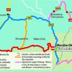 Mapa pokazuje, jak dojechać do Morskiego Oka z Zakopanego. Dostępne są objazdy, w tym przez Słowację.