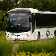 Biały autokar PKS z Jarosławia jedzie przez zielony, bujny krajobraz.