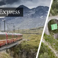 Widok na czerwoną kolej Bernina Express w górach Szwajcarii, obok kamiennego wiaduktu z flagami.