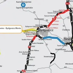 Mapa drogowa z zaznaczoną trasą S5 Bydgoszcz Opławiec - Bydgoszcz Błonie.