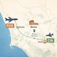 Mapa pokazuje lotnisko Fiumicino (FCO) 32 km od Rzymu, z Koloseum i dworcem Roma Termini. Dalej jest lotnisko CIA.