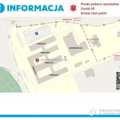 Mapa pokazuje, jak dojechać z dworca w Krakowie do szpitala Jana Pawła II w Nowym Targu, wskazując punkt poboru wymazów Covid-19.