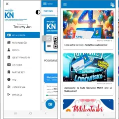 Aplikacja mobilna dla pasażerów autobusów MPK Nowy Sącz. Widok karty miejskiej, biletu parkingowego i partnerów.