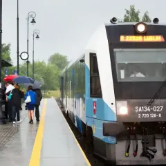 Pasażerowie z parasolami czekają na peronie na pociąg Kolei Lubelskich.