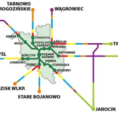 Mapa kolejowa Wielkopolski z zaznaczonym Poznaniem i liniami do Bolesławca, Jarocina, Trzemeszna i innych miejscowości.
