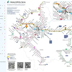 Schemat komunikacji Małopolski, z zaznaczoną linią K3 do Wieliczki i informacją o rozkładzie jazdy PKP.