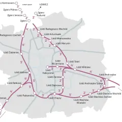 Mapa sieci tramwajowej Łodzi z zaznaczonymi liniami i przystankami. Widać też fragmenty autobusowej komunikacji zastępczej.