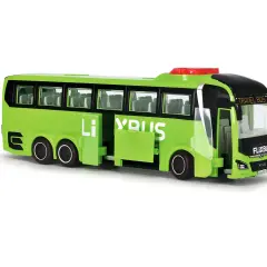 Zielony autobus Flixbus z otwartymi drzwiami, idealny do zabawy lub jako symbol flixbus zmiana rezerwacji.