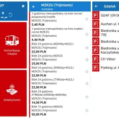 Aplikacja moBILET pokazuje opcje zakupu biletu miesięcznego Kraków, bilety komunikacji miejskiej i dalekobieżnej, a także parkingi w Gdańsku.