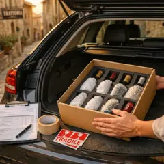 Pakowanie wina do samochodu. Zastanawiasz się, ile alkoholu można przewieźć samochodem? Dokumenty, taśma i naklejka "Fragile" sugerują ostrożność.