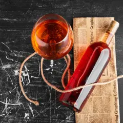 Szklanka z bursztynowym płynem i butelka wina na gazecie. Zastanawiasz się, ile alkoholu można przywieźć z Hiszpanii do Polski?