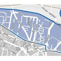 Mapa Krakowa z zaznaczonym obszarem B10. Ulica Wita Stwosza i parking w pobliżu.