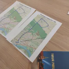 Plany przebiegu nowej linii 142 w okolicach Ostaszewa i Torunia. Widoczne fragmenty mapy z zaznaczoną trasą.