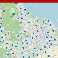 Mapa z zaznaczonymi przystankami autobusowymi, w tym 110 autobus. Widoczne linie autobusowe i nazwy miejscowości.
