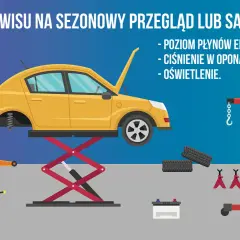 Żółty samochód na podnośniku, przygotowany do przeglądu. Obok stoją opony, akumulator i kanistry. To idealny moment na **podróż samochodem** do serwisu.