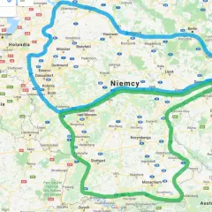 Trasa z Holandii przez Niemcy do Czech, zaznaczona na mapie Google.