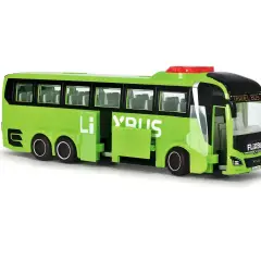 Zielony autobus FlixBus z otwartymi drzwiami, idealny do zabawy, a może nawet do symulacji zwrotu biletu.