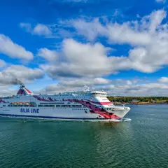 Prom Baltic Princess płynie z Rygi do Helsinek. Statek z charakterystycznym różowym wzorem na burcie sunie po spokojnych wodach.