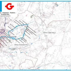 Mapa linii 34 Grodzisk Maz. - Opypy - Książenice - Radonie - Szczęsne. Trasa obejmuje Milanówek, Grodzisk Mazowiecki i okoliczne miejscowości.