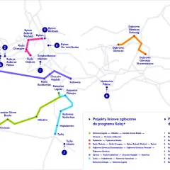 Mapa przedstawia linie kolejowe programu Kolej+. Autobus 149 nie jest widoczny, ale na mapie zaznaczono trasy pociągów.