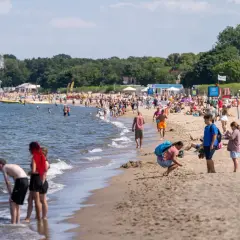 Ludzie cieszą się słońcem i morzem na plaży. W tle widać las. Idealne miejsce na podróż pociągiem nad morze z Poznania.
