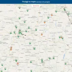 Aplikacja z mapą pokazuje lokalizację pociągów. Widzimy tu m.in. Zieloną Górę, gdzie jest autobus.
