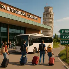Ludzie z walizkami wychodzą z lotniska w Pizie, obok Krzywej Wieży. Znak drogowy wskazuje kierunek do Florencji, Lucca i Cinque Terre. Jak dojechać z Pizy do Florencji? Autobusem lub pociągiem.