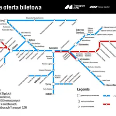 Mapa sieci transportowej z zaznaczonymi trasami Kolei Śląskich i POLREGIO, tworzącymi wspólną ofertę biletową.