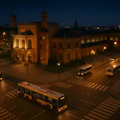 Nocne autobusy Wrocław przemierzają puste ulice. W tle oświetlony zabytkowy budynek.
