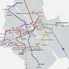 Mapa metra i kolei w Warszawie, z zaznaczonymi liniami M1, M2, M3, M4, S1, S3. Widać stacje takie jak Bemowo, Centrum, Ursus, Kabaty.