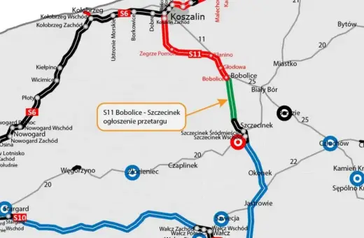 Mapa drogowa z zaznaczonymi trasami S6, S10, S11. Widać Koszalin, lotnisko w okolicach Nowogardu, oraz przebieg S11 Bobolice-Szczecinek.