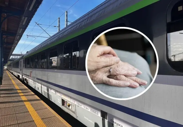 PKP zniżki dla niepełnosprawnych stopień umiarkowany. Dłonie starszej osoby na tle pociągu PKP.