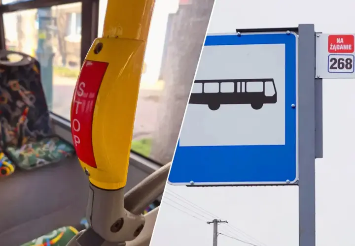 Przycisk STOP w autobusie i znak przystanku na żądanie z numerem 268.