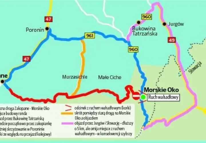 Mapa pokazuje, jak dojechać do Morskiego Oka z Zakopanego. Dostępne są objazdy, w tym przez Słowację.