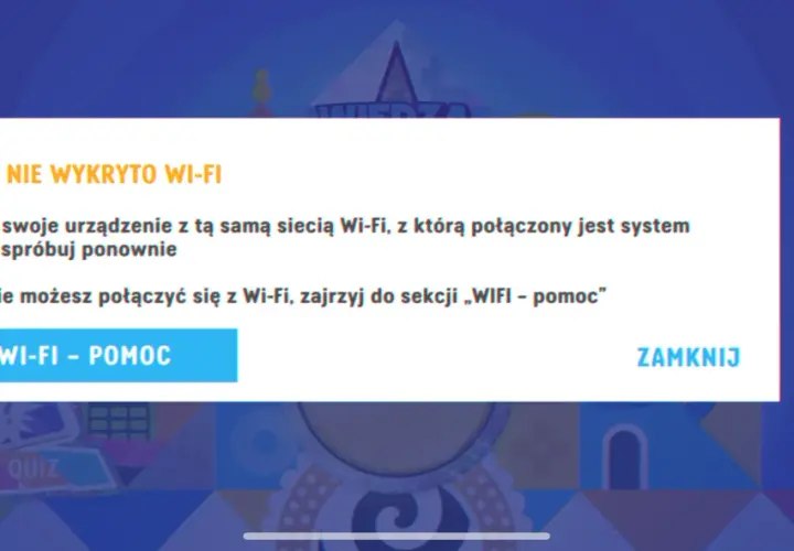 Komunikat o błędzie połączenia Wi-Fi. Może to być problem z siecią Wi-Fi w Flixbusie. Kliknij "WI-FI - POMOC" aby rozwiązać problem.
