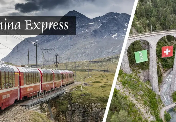 Widok na czerwoną kolej Bernina Express w górach Szwajcarii, obok kamiennego wiaduktu z flagami.