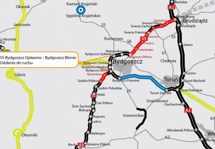Mapa drogowa z zaznaczoną trasą S5 Bydgoszcz Opławiec - Bydgoszcz Błonie.