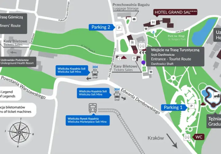 Mapa terenu Kopalni Soli w Wieliczce. Widać wejścia na Trasy Górniczą i Turystyczną, kasy biletowe, parkingi, uzdrowisko, Tężnię Solankową oraz kierunek do Krakowa.