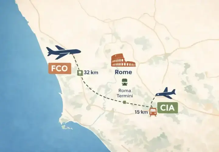 Mapa pokazuje lotnisko Fiumicino (FCO) 32 km od Rzymu, z Koloseum i dworcem Roma Termini. Dalej jest lotnisko CIA.