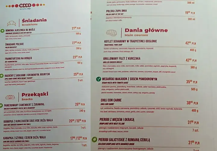 Menu WARS w Pendolino: śniadania, dania główne, przekąski. Czy w Pendolino jest wars? Tak, menu oferuje różnorodne posiłki.
