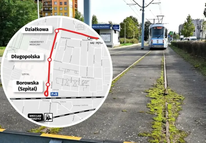 Mapa pokazuje trasę tramwajową do wrocławskiego szpitala przy Borowskiej. Dojazd MPK jest łatwy, z zaznaczonymi przystankami Działkowa, Długopolska i Borowska (Szpital).