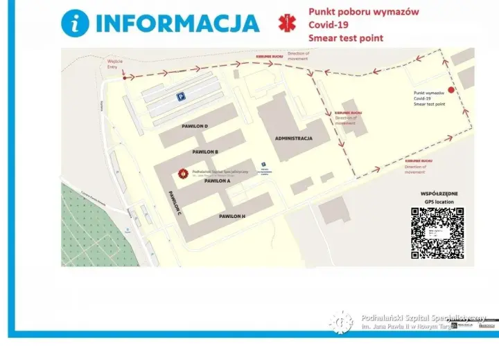 Mapa pokazuje, jak dojechać z dworca w Krakowie do szpitala Jana Pawła II w Nowym Targu, wskazując punkt poboru wymazów Covid-19.