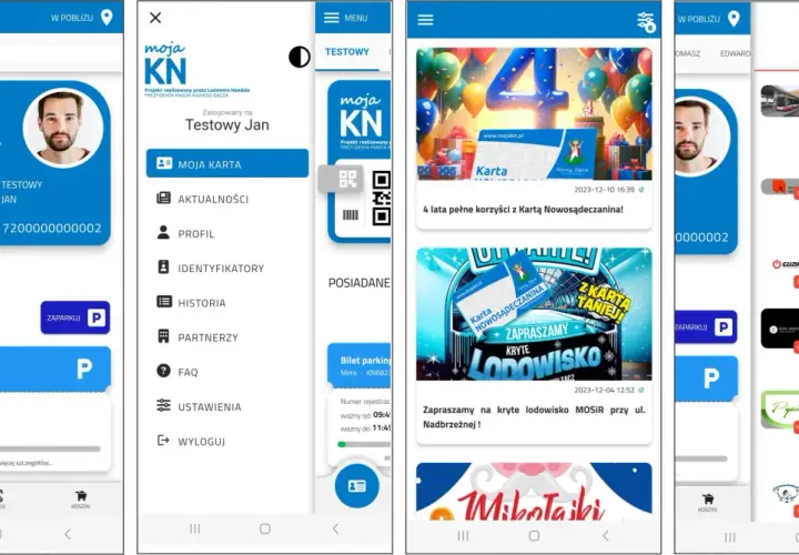 Aplikacja mobilna dla pasażerów autobusów MPK Nowy Sącz. Widok karty miejskiej, biletu parkingowego i partnerów.