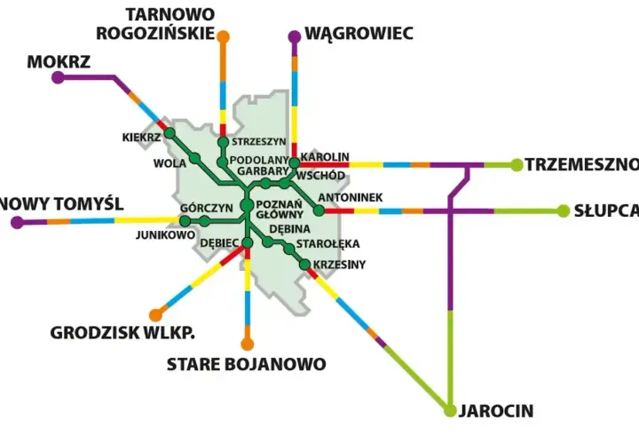 Mapa kolejowa Wielkopolski z zaznaczonym Poznaniem i liniami do Bolesławca, Jarocina, Trzemeszna i innych miejscowości.