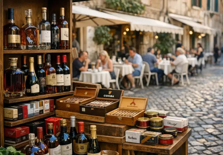 Stojak z alkoholem i cygarami. W tle kawiarnia z ludźmi. Zastanawiasz się, ile litrów piwa można przewieźć przez granicę?